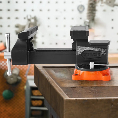Heavy Duty 8 Inch Bench Vise With 360 Degree Swivel Locking Base And 8 Inch Jaw Opening, installed on workbench.