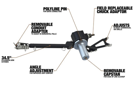 XD1 Extreme Circuit Duty Cable Puller with features labeled, including removable conduit adapter, polylink pin, and angle adjustment.