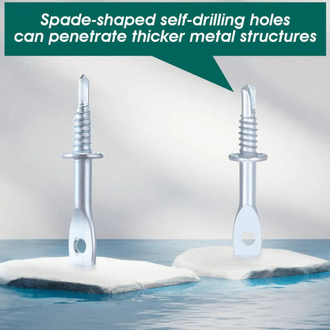Close-up of galvanized 2 inch eye lag screws for heavy duty construction showcasing self tapping drilling points.