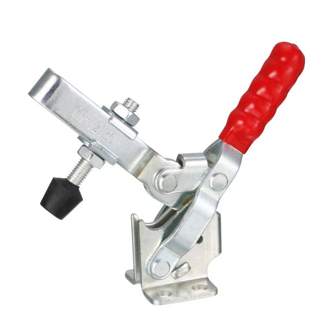Hard Core Vertical Toggle Clamp Built Tough With Zinc Plate And Grippy Red Sleeve Delivers Real Deal 500 Pound Holding Strength for secure fastening.