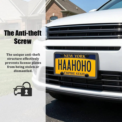 Hella Tough Anti Theft License Plate Screws Kit With Stainless Steel Tamper Proof Bolts on a car front with a NY plate.