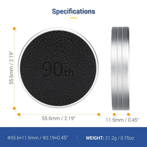 Leather Lens Cap For Insta Mini Evo Camera, Aluminum Anti Dust Anti Scratches Lightweight Lens Cover With Soft EVA Interior, Dope Retro Style Protection For Insta Mini Evo Lens, Durable Camera Accessory, side and front view with dimensions and weight showing 90th anniversary design detailing 55.6mm diameter and specification details.