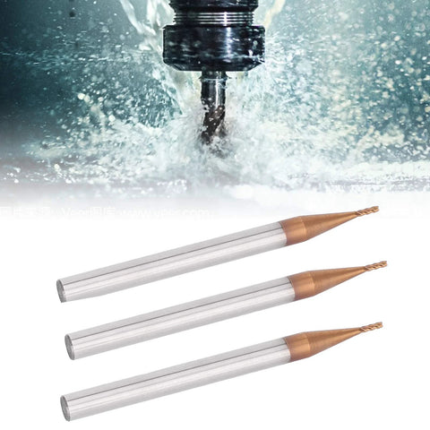 Three silver tungsten carbide end mills with copper tips, 4-flute CNC cutters, 10mm cutting length, side view