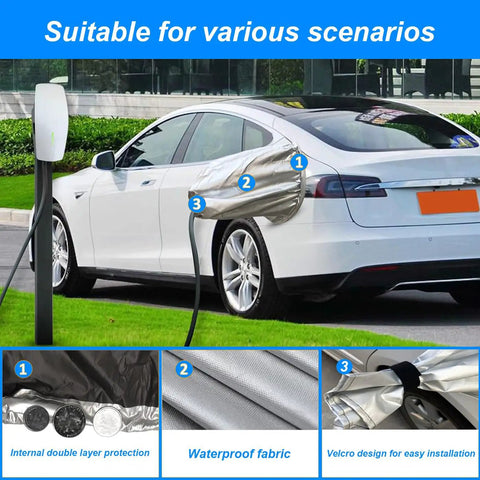 No Fuss Magnetic Ev Charger Rain Cover Waterproof Snowproof Sun Shield For Universal Stations Rock Solid Cable Protector Quick Snap Install shown over EV charger with Velcro design and waterproof fabric.