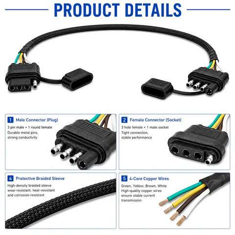 24 Inch 18AWG 4 Pin Trailer Wire Extension And 4 Way Flat Wiring Harness With Dust Cover showcasing male and female connectors with braided sleeve.