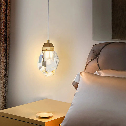 1 Light Diamond Crystal Pendant Light Dope Glow Mini Ceiling Hanging Fixture In Gold Brushed Brass Finish Prism Crystal Color Changing LED