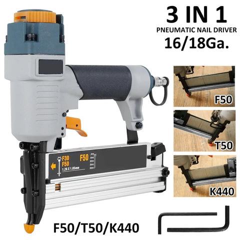 Heavy Duty 16 Ga And 18 Ga Pneumatic Brad Nailer Featuring Slick Depth Adjustment Knobs Hella Comfortable Grip for seamless DIY