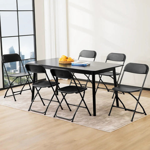 Folding Chairs Sets Of 10 330 Lb Capacity Plastic Stackable Portable Patio Dining Set For Indoor Outdoor Use Camping Garden Party Meeting Black Weather Resistant For Year Round Use arranged around a table indoors