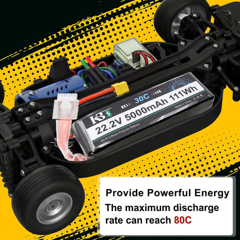 Six-Cell 5000mAh LiPo Battery High Discharge Soft Pack 22.2V 30C in RC car with visible XT60 connector and wiring