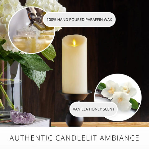 Scalloped Edge Flameless LED Candle Ivory 3x6.5 Inch Battery Operated With Moving Flame Real Wax Pillar Vanilla Honey Scent