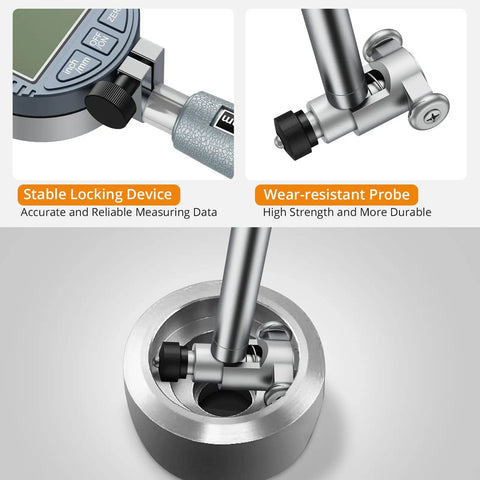 Pro Grade Deep Engine Cylinder Bore Gauge Set With Digital Indicator, showing self-centering dial and carbide anvils in use