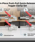 Four Pack Heavy Duty Push Pull Toggle Clamps With Beefy Hold And 99 Pound Load Rating 190 Degree Angled Handle for tight clamping and ergonomic grip.