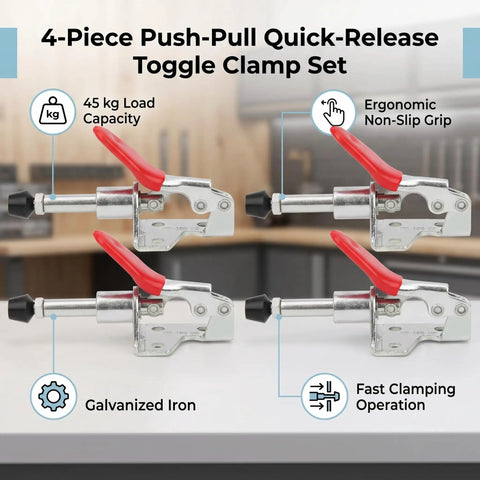 Four Pack Heavy Duty Push Pull Toggle Clamps With Beefy Hold And 99 Pound Load Rating 190 Degree Angled Handle for tight clamping and ergonomic grip.