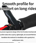 Close-up of bike handlebar with ergonomic thumb rest grips, smooth profile for comfort on long rides.