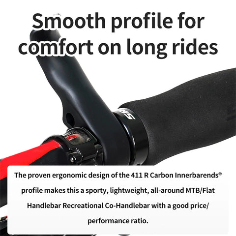 Close-up of bike handlebar with ergonomic thumb rest grips, smooth profile for comfort on long rides.