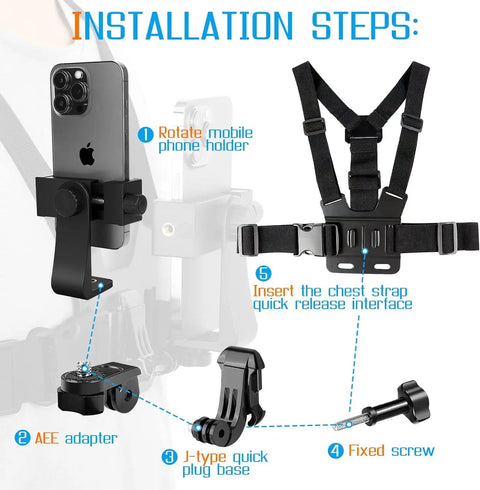 Grab-and-Go Chest Strap Mount And Head Strap POV Kit for Vlog with phone holder and setup instructions