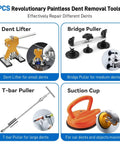 97PCS Paintless Car Dent Repair Kit With Golden Lifter, Bridge Puller And Slide Hammer T Bar, showing tools and suction cup