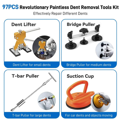97PCS Paintless Car Dent Repair Kit With Golden Lifter, Bridge Puller And Slide Hammer T Bar, showing tools and suction cup