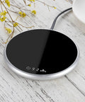 Electric Mug Warmer With Adjustable Temperature And Smart Touch Control, Auto Shut Off Timer Keeps That Morning Brew Piping Hot, Premium Silver Aluminum Alloy Desk Cup Heater For Work Or Chill on a wooden surface.