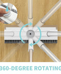 3-In-1 Floor Scrub Brush With Long Handle For Grimy Surfaces Built-In Scraper And Heavy-Duty Stiff Bristles showing 360-degree rotating feature