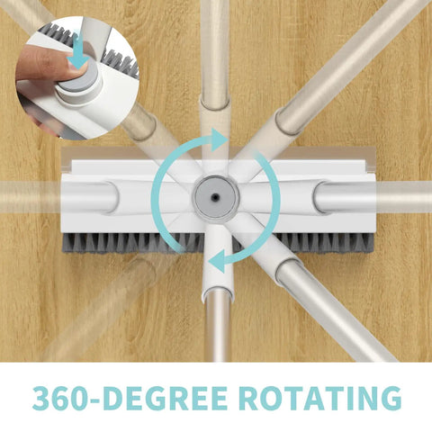 3-In-1 Floor Scrub Brush With Long Handle For Grimy Surfaces Built-In Scraper And Heavy-Duty Stiff Bristles showing 360-degree rotating feature