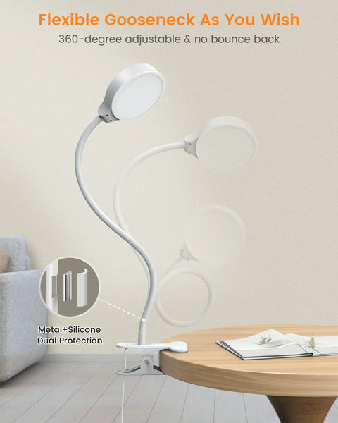 Flexible gooseneck Clip On LED Reading Light For Bed With 36 LEDs shown attached to tabletop, highlighting adjustability and durable design.