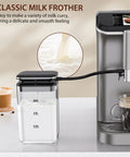 Crush Your Daily Caffeine Rush With This Rock Solid Fully Automatic Espresso Machine, Integrated Grinder, Smooth Milk Frother shown with milk frothing container.