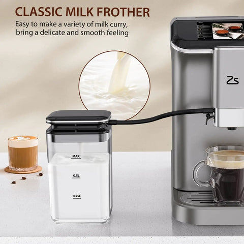 Crush Your Daily Caffeine Rush With This Rock Solid Fully Automatic Espresso Machine, Integrated Grinder, Smooth Milk Frother shown with milk frothing container.