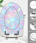 Elongated Resin Toilet Seat for Bathroom with rainbow scales design, adjustable hinges, and stainless steel components.
