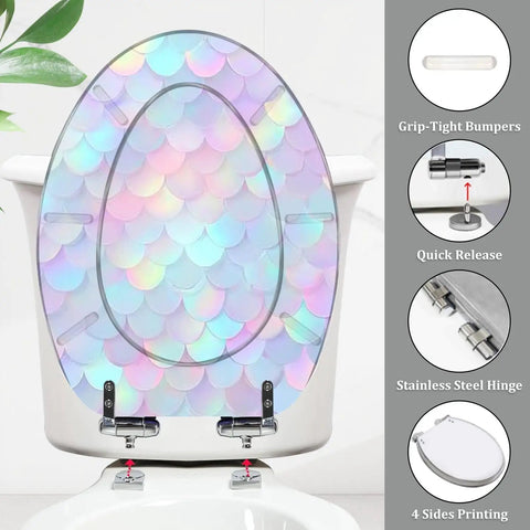 Elongated Resin Toilet Seat for Bathroom with rainbow scales design, adjustable hinges, and stainless steel components.