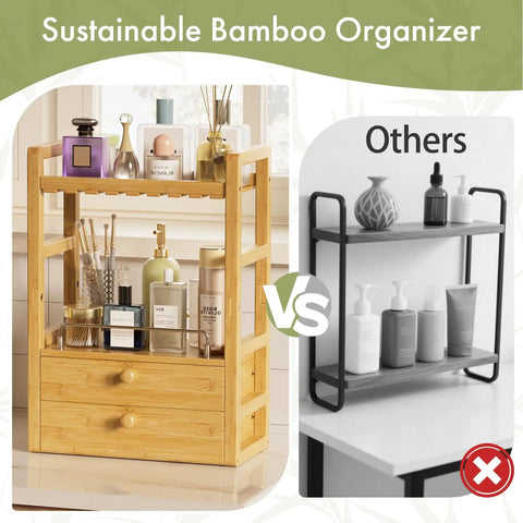 Bamboo Bathroom Countertop Organizer With 2 Tier Makeup Storage And 2 Drawers, eco-friendly vanity shelf comparison