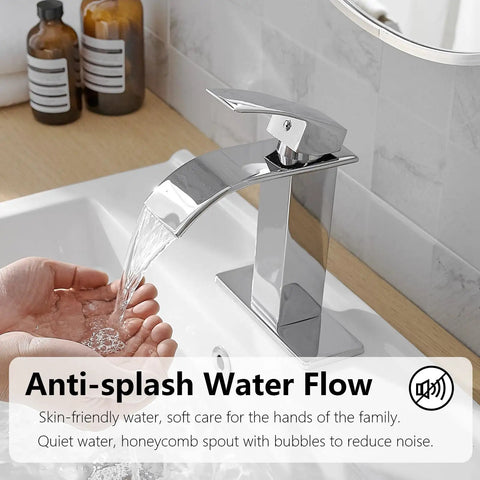Oil Rubbed Bronze Bathroom Faucet With Waterfall Flow, One Hole, One Handle, deck mount shown in use with splash-free water flow