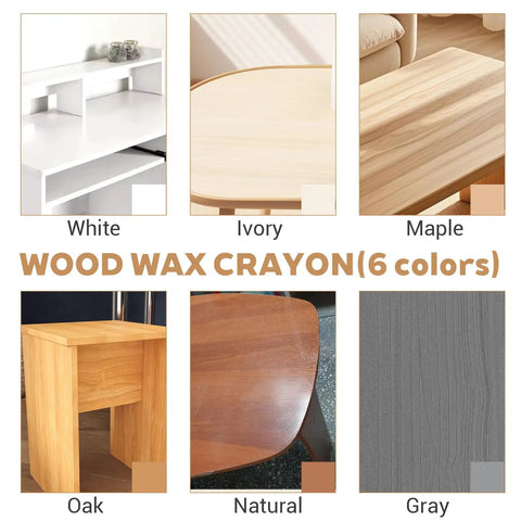 Color examples of wood with text showing White, Ivory, Maple, Oak, Natural, Gray for 7 Pcs Wood Filler Sticks Set For Quick Repair Of Scratches Cracks And Holes On Furniture Floors And Cabinets With Multicolor Wax Crayons For Easy No Mess Touch Up And Seamless Finish