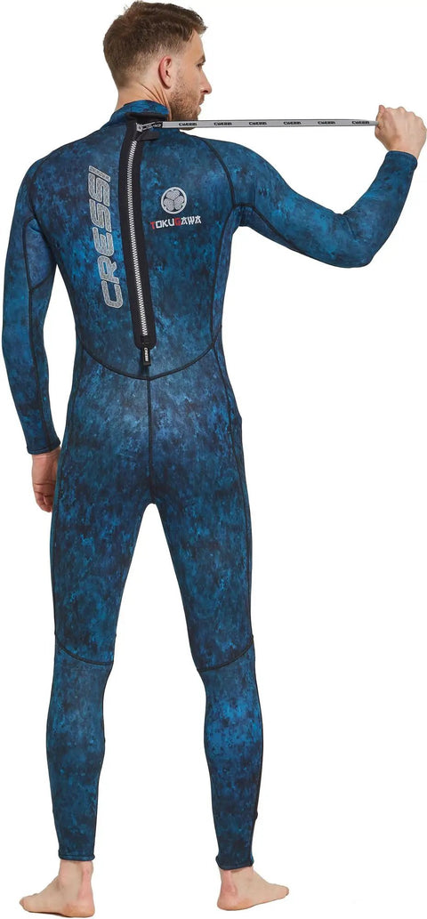 Back view of Tokugawa 3mm Wetsuit For Spearfishing And Freediving With Blue Camouflage Nylon One Piece, XL size.