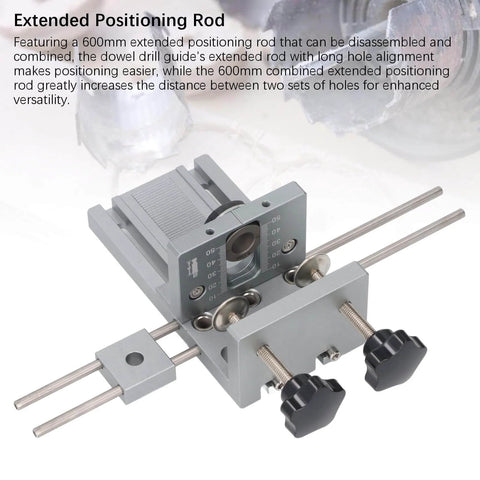 Close-up of Pro DIY Dowel Jig Kit For Woodworking 3 In 1 Panel Handheld Tool in durable aluminum alloy with positioning rod