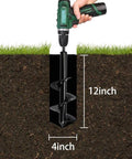 Heavy Duty Garden Auger Drill Bit 4 Inch By 12 Inch Spiral Bulb Planter Tool shown in soil
