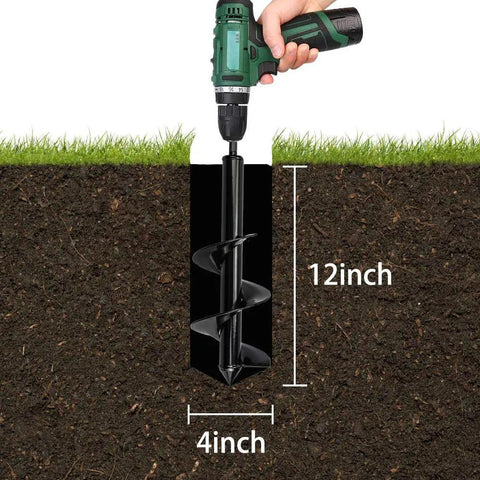 Heavy Duty Garden Auger Drill Bit 4 Inch By 12 Inch Spiral Bulb Planter Tool shown in soil