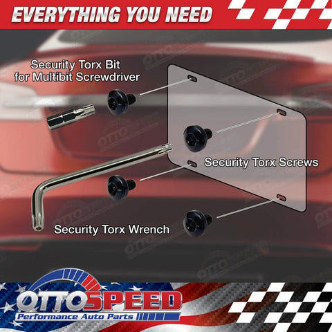 Tesla Rear License Plate Screws Antitheft Security Torx Kit Black Stainless Steel Rustproof For Direct Mount Without Frame No Fuss Torx Tool Included 6mm Stock Length Fits All Models displayed with Torx bit and wrench against blurred car background.