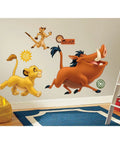 Disney The Lion King Giant Peel And Stick Wall Decals For Kids Rooms, featuring Simba, Timon, and Pumbaa on a bedroom wall.