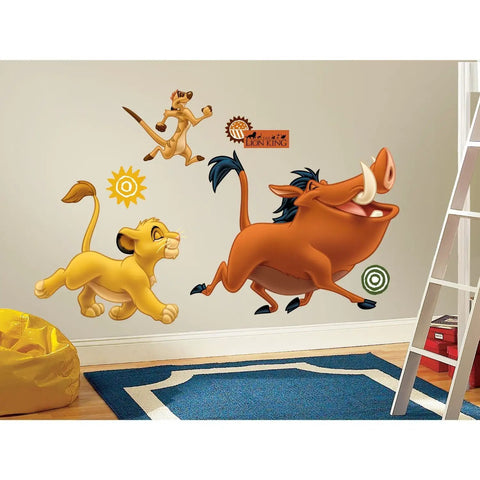 Disney The Lion King Giant Peel And Stick Wall Decals For Kids Rooms, featuring Simba, Timon, and Pumbaa on a bedroom wall.