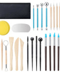 27 Piece Clay Tools Kit For Polymer And Air Dry Clay Fans with wood, metal, rubber tools and zipper bag displayed on a white background.