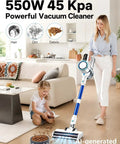 Woman using BeastMode Cordless Stick Vacuum delivering kickass 45Kpa suction on spilled pet food on hardwood floor.