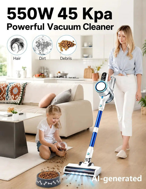 Woman using BeastMode Cordless Stick Vacuum delivering kickass 45Kpa suction on spilled pet food on hardwood floor.