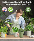 Woman tending to plants showing the Indoor Herb Garden Kit With Eight Heirloom Seeds For Windowsill, All In One Starter Set.