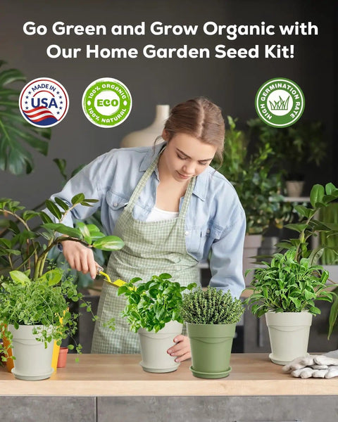 Woman tending to plants showing the Indoor Herb Garden Kit With Eight Heirloom Seeds For Windowsill, All In One Starter Set.