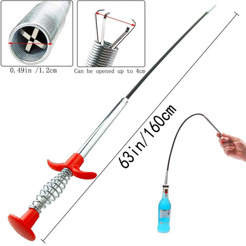 63 Inch Flexible Drain Clog Remover Tool With Four Prong Grabber And Hair Catcher Extra Long Spring Reacher For Kitchen Sink Bathroom Tub Sewer Lines And Dropped Items Deep Reach Blockage Buster