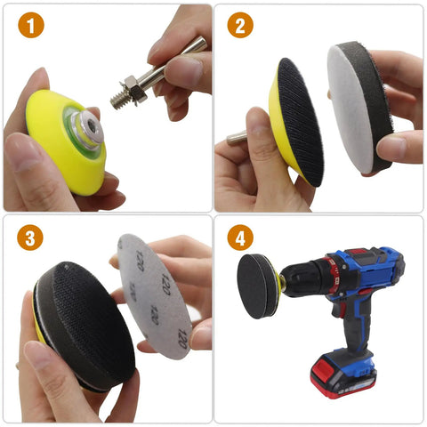 Four-step assembly process showing Three Inch Silicon Carbide Wet Dry Sanding Discs Set With Hook And Loop, 82 Pieces