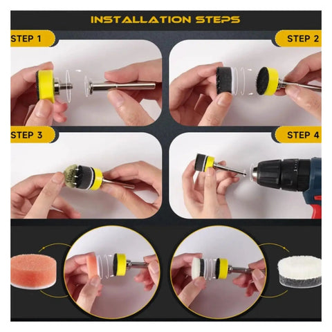 Installation steps of Super Fast 188 Piece Hook and Loop Sanding Discs Set with drill attachment and pads shown.