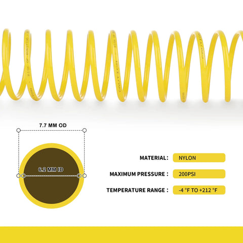 Heavy Duty Coiled Air Compressor Hose 1/4 Inch X 25 Foot Lightweight Nylon Design With Brass Fittings on display.