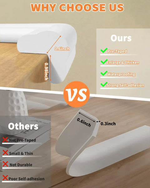 Thick As Nails L Shaped Baby Corner And Edge Guards 6.56 Feet Long Self Adhesive Pea Foam Bumper Strips comparison image showing dimensions.